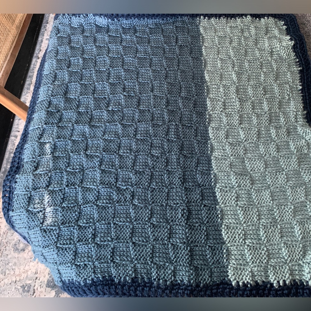 Handl Crafted Soft Knit Crocheted Blue Two Tone Baby Lap Doll Blanket